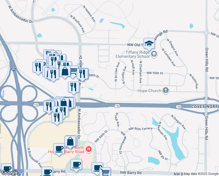 map of restaurants, bars, coffee shops, grocery stores, and more near Northwest 88th Street in Kansas City