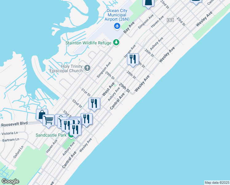 map of restaurants, bars, coffee shops, grocery stores, and more near 2936 Asbury Avenue in Ocean City