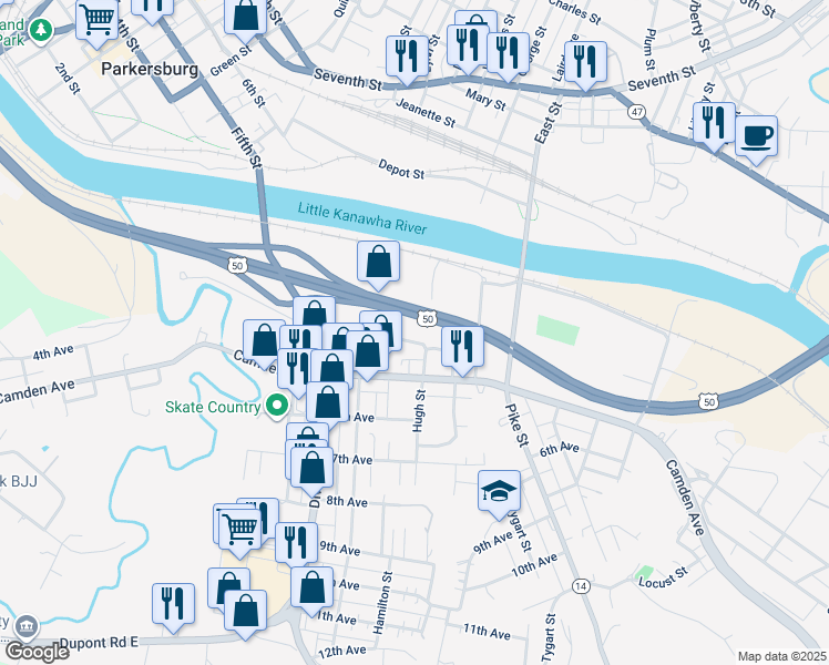map of restaurants, bars, coffee shops, grocery stores, and more near 2211 4th Avenue in Parkersburg