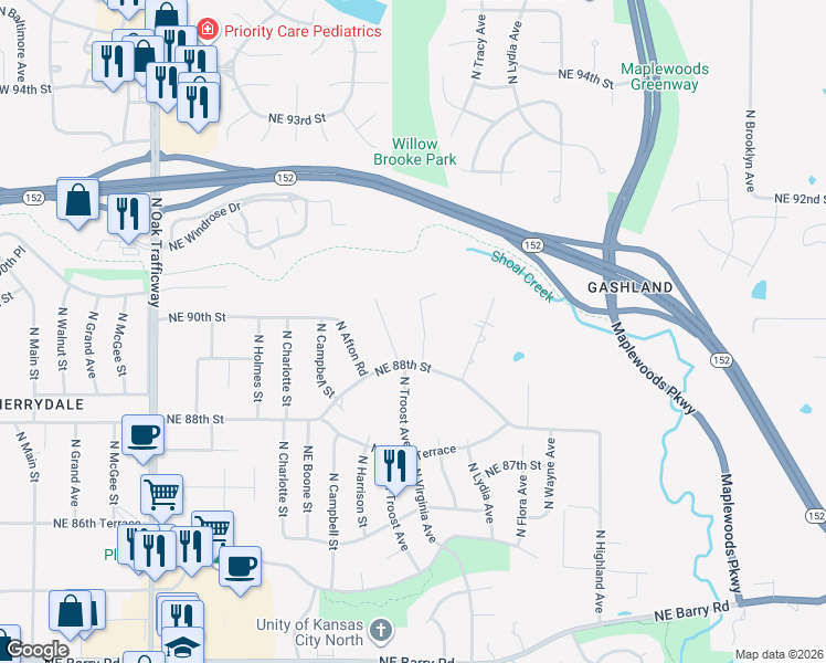 map of restaurants, bars, coffee shops, grocery stores, and more near 8840 North Forest Avenue in Kansas City