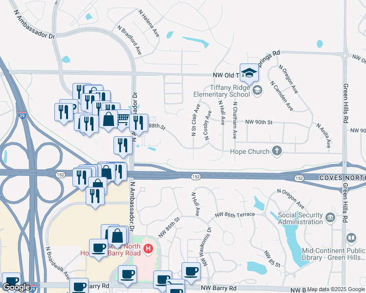 map of restaurants, bars, coffee shops, grocery stores, and more near Northwest 88th Street in Kansas City