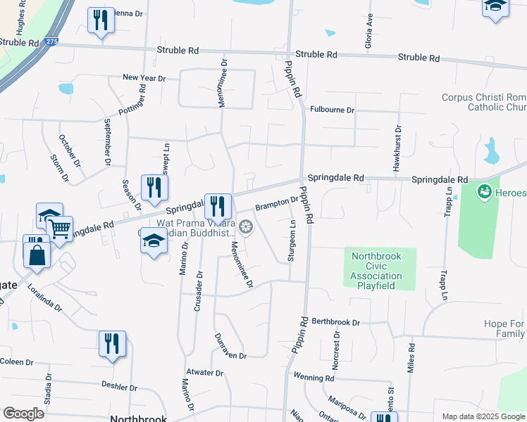 map of restaurants, bars, coffee shops, grocery stores, and more near 2823 Brampton Drive in Cincinnati