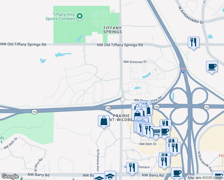 map of restaurants, bars, coffee shops, grocery stores, and more near 8910 North Shannon Avenue in Kansas City