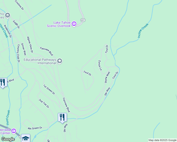 map of restaurants, bars, coffee shops, grocery stores, and more near 1491 Tirol Drive in Incline Village
