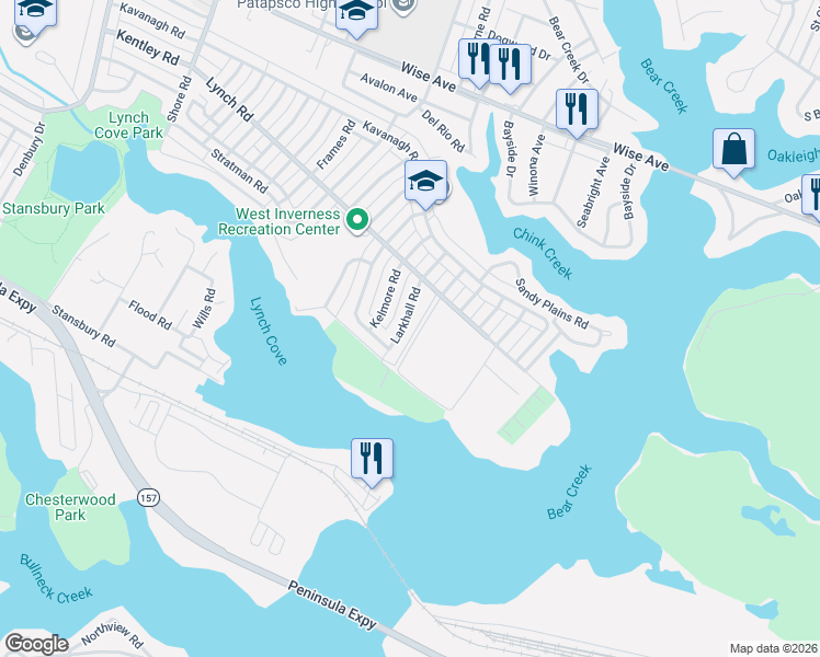 map of restaurants, bars, coffee shops, grocery stores, and more near 2053 Larkhall Road in Dundalk