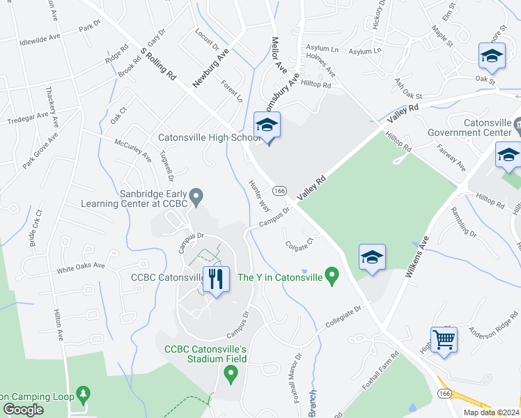 map of restaurants, bars, coffee shops, grocery stores, and more near 718 Hunter Way in Catonsville
