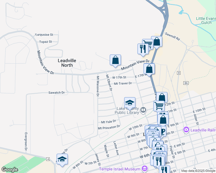 map of restaurants, bars, coffee shops, grocery stores, and more near 1520 Mount Elbert Drive in Leadville