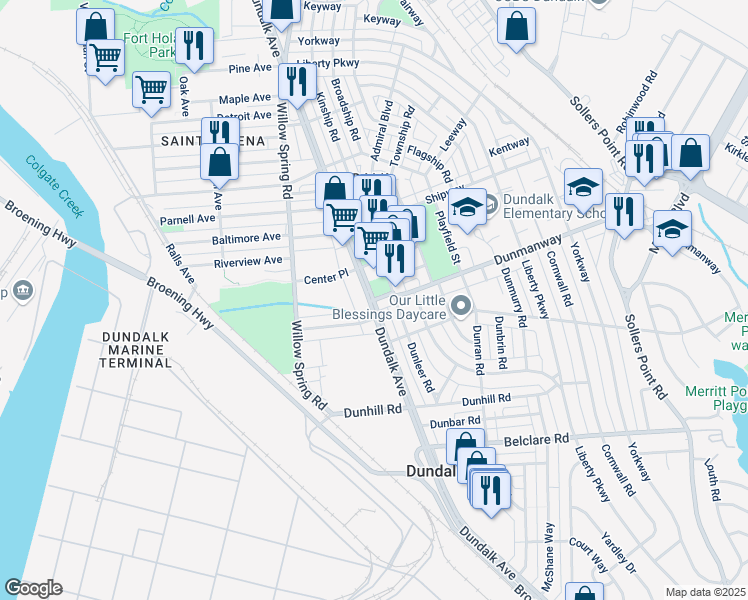 map of restaurants, bars, coffee shops, grocery stores, and more near South Center Place in Dundalk