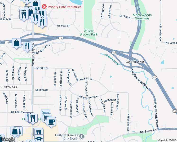 map of restaurants, bars, coffee shops, grocery stores, and more near 8840 North Forest Avenue in Kansas City