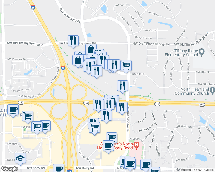 map of restaurants, bars, coffee shops, grocery stores, and more near 11 in Kansas City