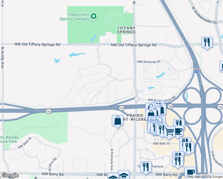map of restaurants, bars, coffee shops, grocery stores, and more near 8940 North Shannon Avenue in Kansas City