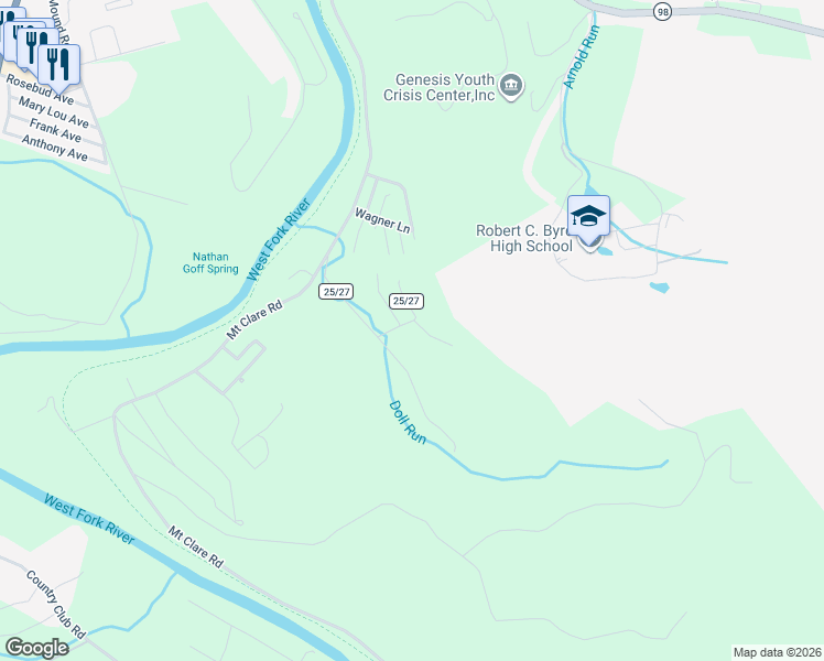 map of restaurants, bars, coffee shops, grocery stores, and more near 199 Doll Run Rd in Clarksburg