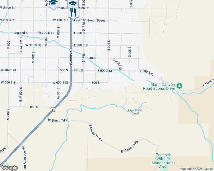 map of restaurants, bars, coffee shops, grocery stores, and more near 298 East 600 South Street in Manti