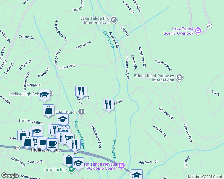 map of restaurants, bars, coffee shops, grocery stores, and more near 954 Fairway Boulevard in Incline Village