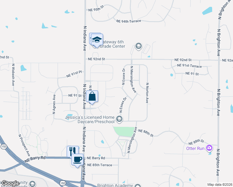map of restaurants, bars, coffee shops, grocery stores, and more near 3827 Northeast 90th Terrace in Kansas City
