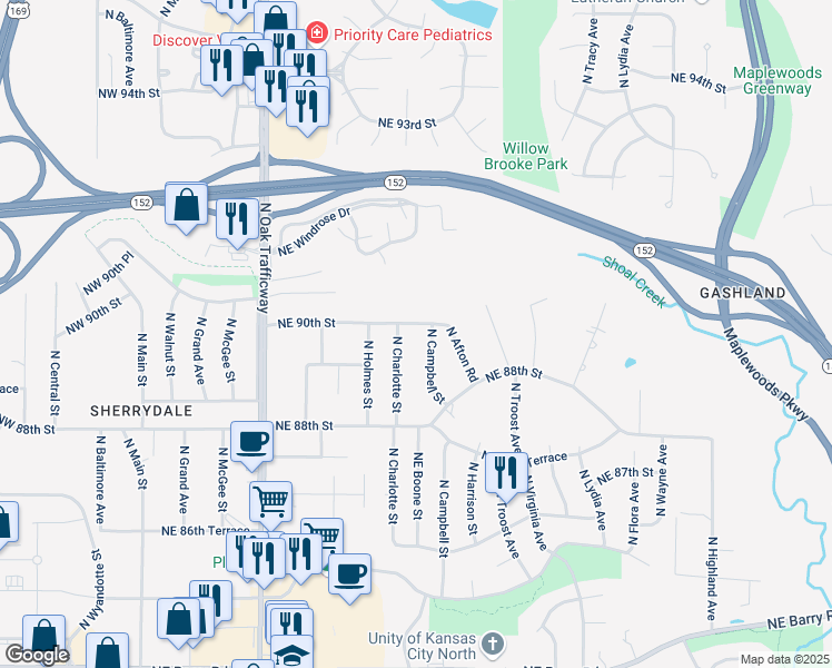 map of restaurants, bars, coffee shops, grocery stores, and more near 8931 North Charlotte Street in Kansas City
