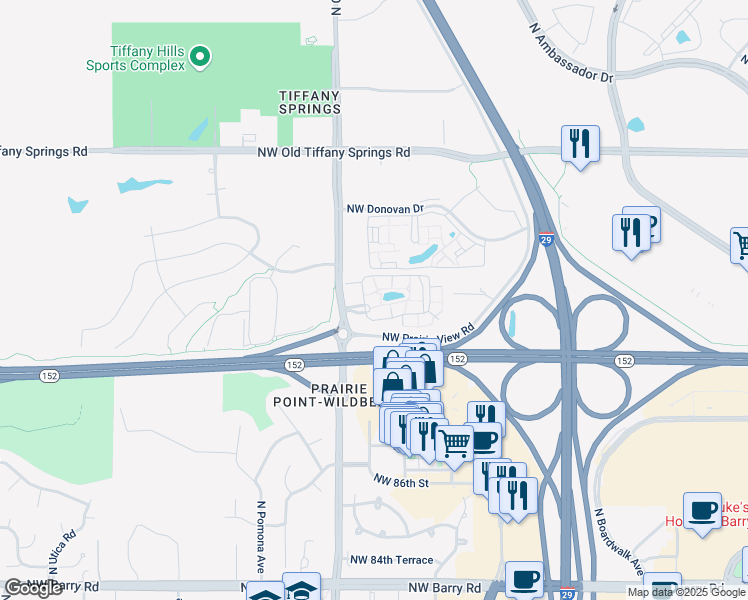 map of restaurants, bars, coffee shops, grocery stores, and more near 8811 North Congress Avenue in Kansas City