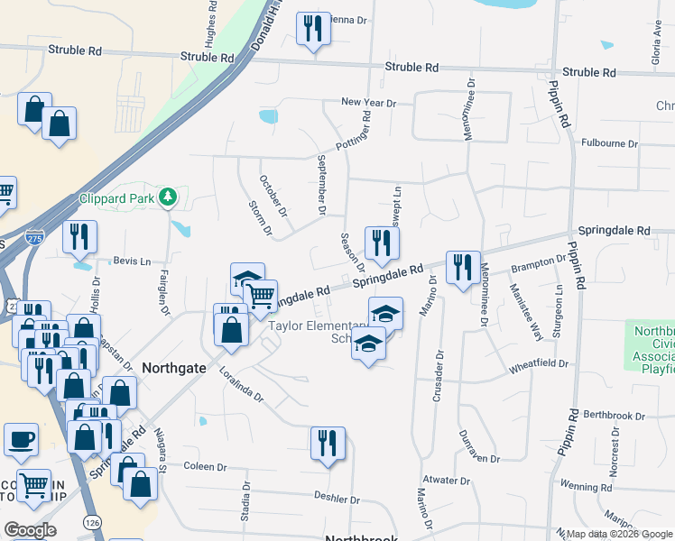 map of restaurants, bars, coffee shops, grocery stores, and more near 10098 Windswept Lane in Cincinnati