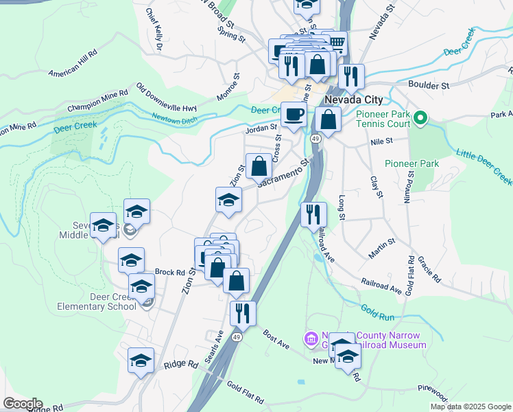 map of restaurants, bars, coffee shops, grocery stores, and more near Searls Avenue & King Hiram Lane in Nevada City