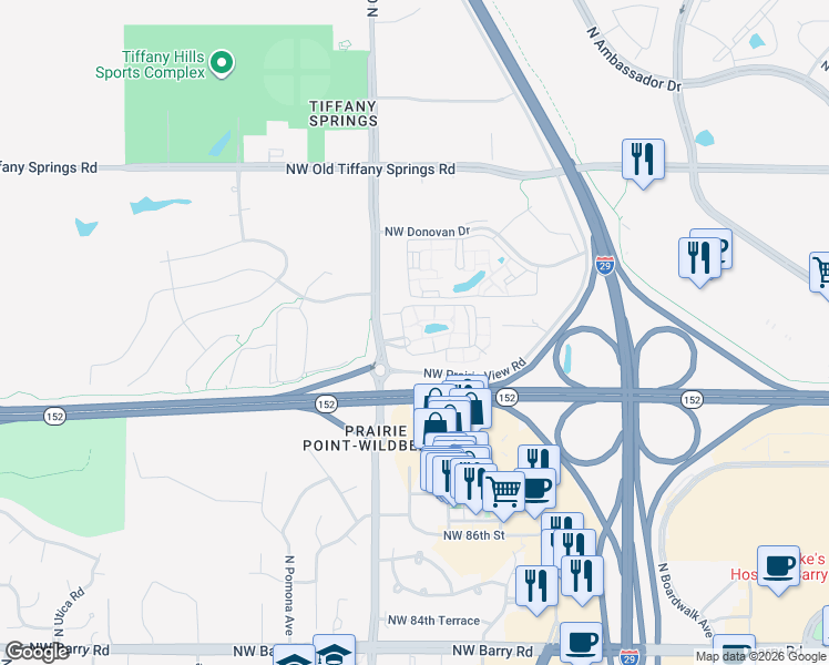 map of restaurants, bars, coffee shops, grocery stores, and more near 8811 North Congress Avenue in Kansas City