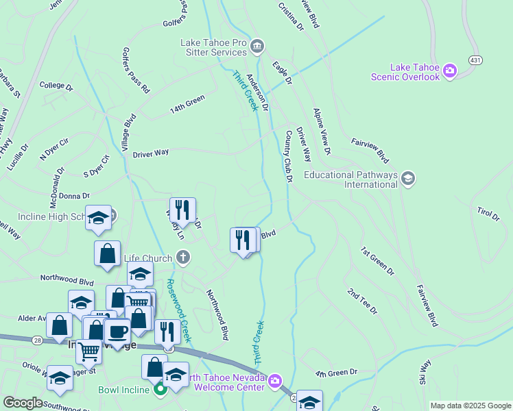 map of restaurants, bars, coffee shops, grocery stores, and more near 954 Fairway Boulevard in Incline Village