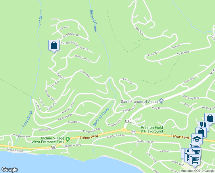 map of restaurants, bars, coffee shops, grocery stores, and more near 599 Rockrose Court in Incline Village