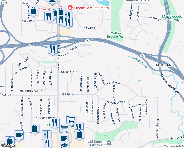 map of restaurants, bars, coffee shops, grocery stores, and more near 8931 North Charlotte Street in Kansas City