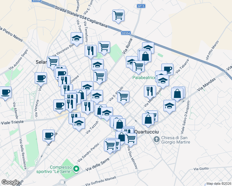 map of restaurants, bars, coffee shops, grocery stores, and more near 96 Via San Nicolò in Selargius