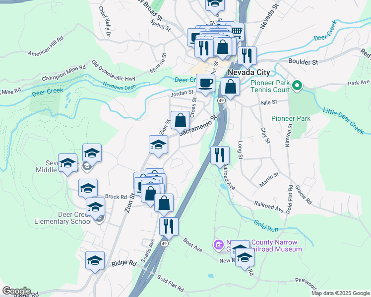 map of restaurants, bars, coffee shops, grocery stores, and more near 469 Searls Avenue in Nevada City
