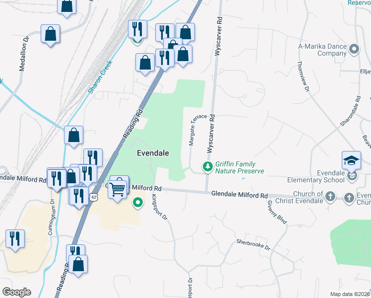 map of restaurants, bars, coffee shops, grocery stores, and more near 10515 Margate Terrace in Cincinnati