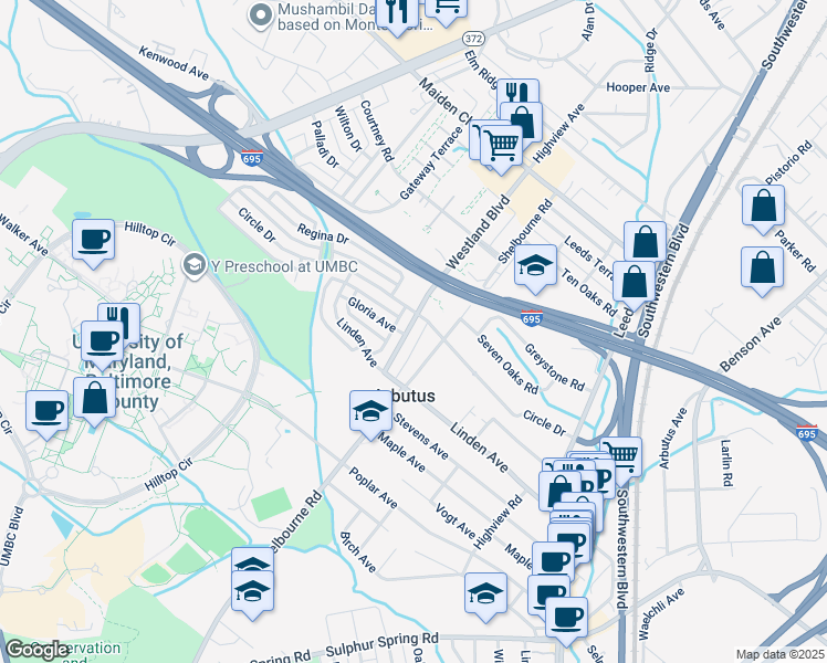 map of restaurants, bars, coffee shops, grocery stores, and more near 5113 Westland Boulevard in Halethorpe