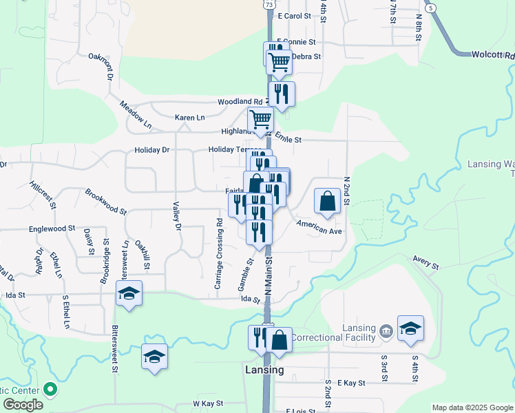map of restaurants, bars, coffee shops, grocery stores, and more near 403 North Main Street in Lansing