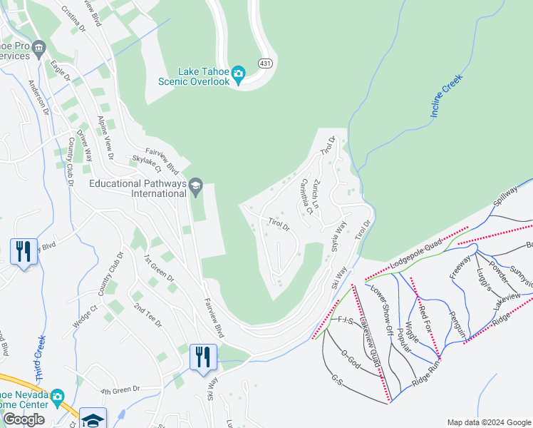 map of restaurants, bars, coffee shops, grocery stores, and more near 1501 Tirol Drive in Incline Village