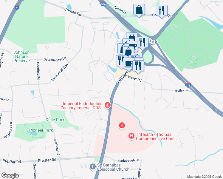 map of restaurants, bars, coffee shops, grocery stores, and more near 10667 Ohio 3 in Montgomery