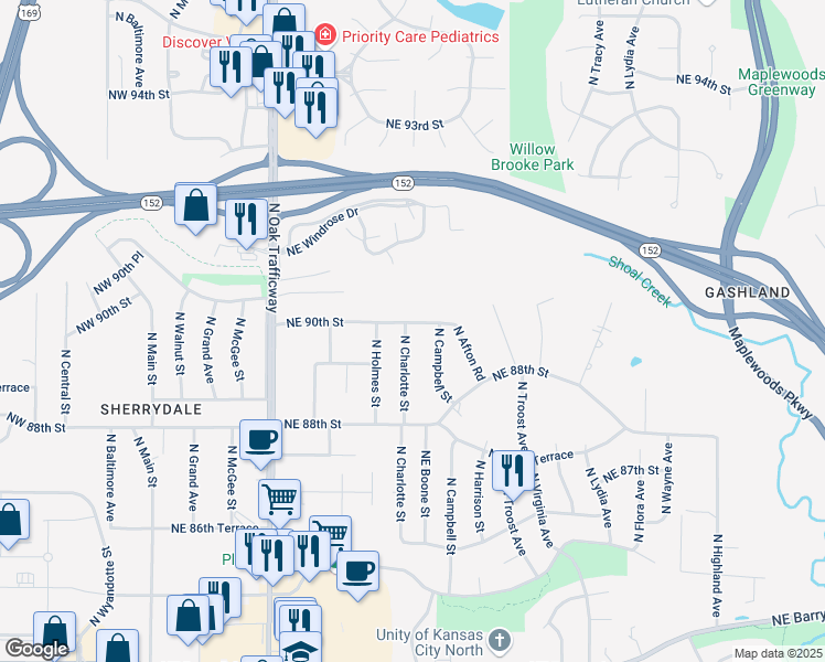 map of restaurants, bars, coffee shops, grocery stores, and more near 8931 North Charlotte Street in Kansas City
