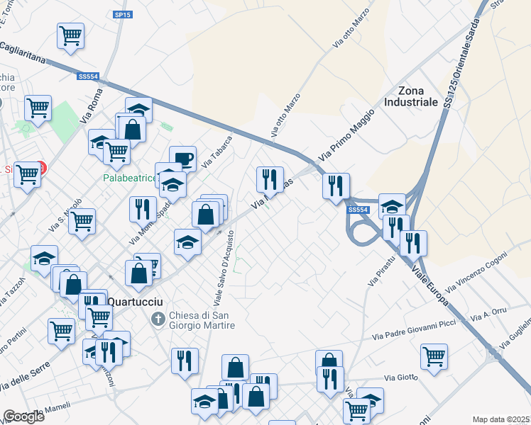 map of restaurants, bars, coffee shops, grocery stores, and more near 5A Via Nulvi in Quartucciu