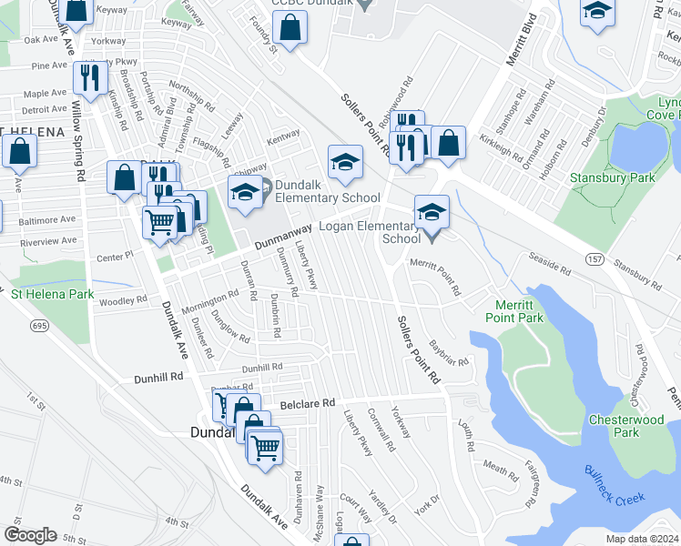 map of restaurants, bars, coffee shops, grocery stores, and more near 2971 Cornwall Road in Dundalk