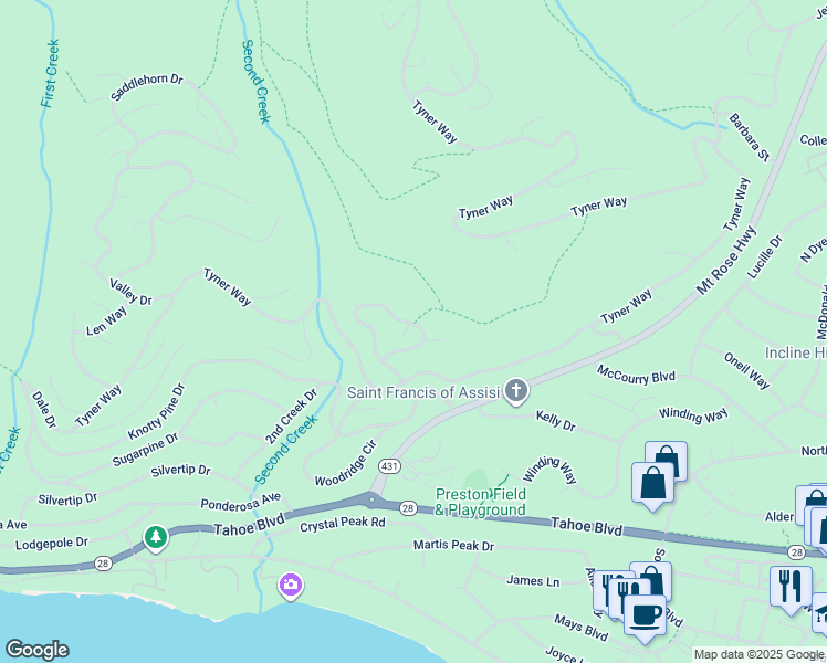 map of restaurants, bars, coffee shops, grocery stores, and more near 604 Lariat Circle in Incline Village