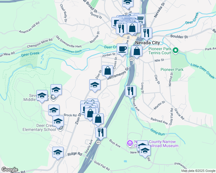 map of restaurants, bars, coffee shops, grocery stores, and more near 469 Searls Avenue in Nevada City