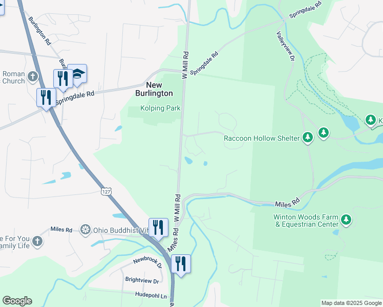 map of restaurants, bars, coffee shops, grocery stores, and more near 10214 West Mill Road in Cincinnati