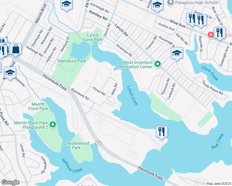 map of restaurants, bars, coffee shops, grocery stores, and more near 1919 Wills Road in Dundalk
