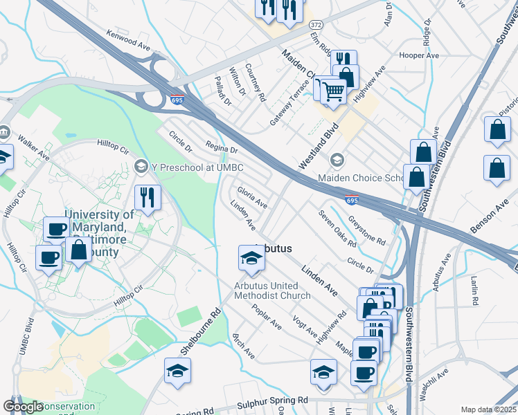 map of restaurants, bars, coffee shops, grocery stores, and more near 1141 Gloria Avenue in Halethorpe