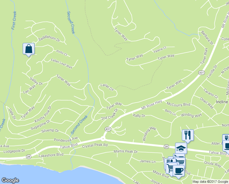 map of restaurants, bars, coffee shops, grocery stores, and more near 604 Lariat Circle in Incline Village