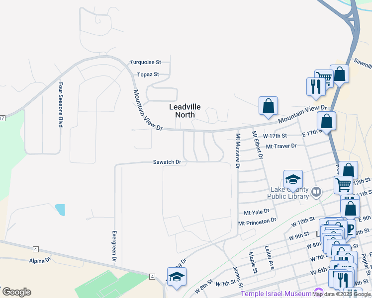 map of restaurants, bars, coffee shops, grocery stores, and more near 1613 Mount Lincoln Drive East in Leadville