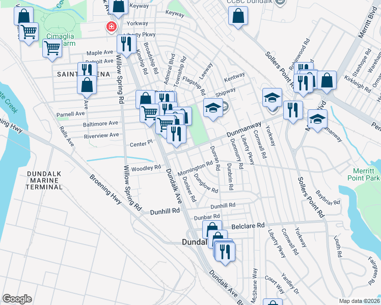 map of restaurants, bars, coffee shops, grocery stores, and more near 6901 Dunmanway in Dundalk