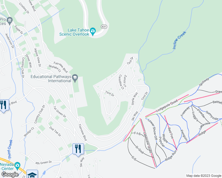 map of restaurants, bars, coffee shops, grocery stores, and more near 1491 Tirol Drive in Incline Village