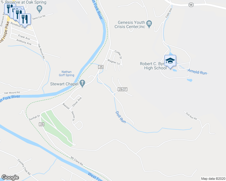 map of restaurants, bars, coffee shops, grocery stores, and more near 199 Doll Run Rd in Clarksburg