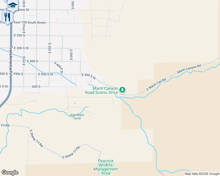 map of restaurants, bars, coffee shops, grocery stores, and more near 1000 East 500 South Street in Manti