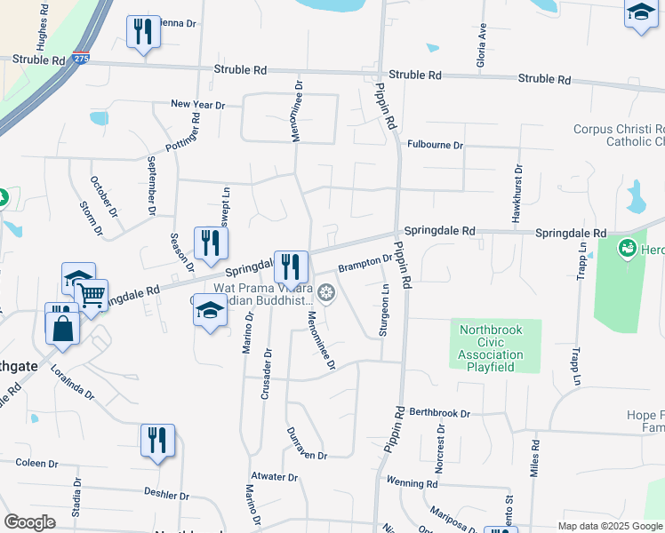 map of restaurants, bars, coffee shops, grocery stores, and more near 2823 Brampton Drive in Cincinnati