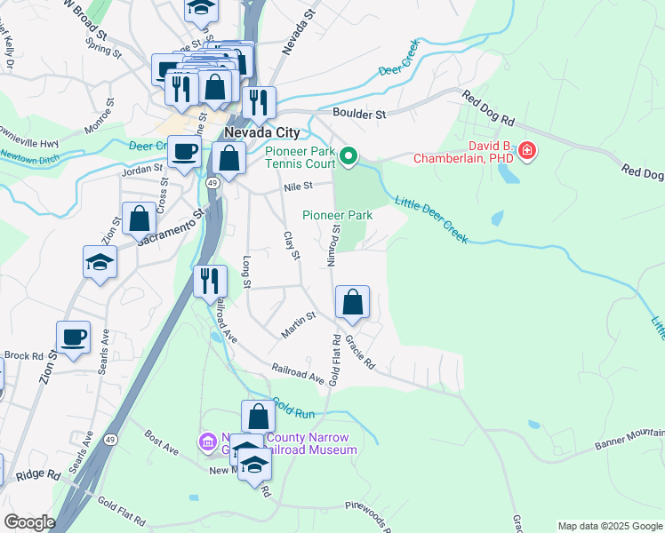 map of restaurants, bars, coffee shops, grocery stores, and more near 505 Nimrod Street in Nevada City